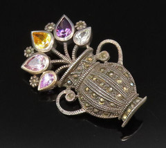 925 Silver - Vintage Multi Color Topaz &amp; Gemstones Floral Brooch Pin - B... - $68.42