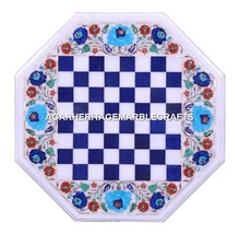 White Marble Chess Coffee Table Top Marquetry Gem Lapis Lazuli Inlay Pat... - $439.08+