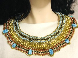 Egyptian Cleopatra Scarabs Turquoise Red Black Golden Beaded Necklace Costume - £15.50 GBP