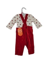 Infant Toddler Girl Outfit Flower Cream Top Red Velvetty Overall Pants Size 6-9M - £10.74 GBP