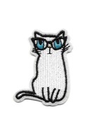 CUTE CAT w GLASSES IRON ON PATCH 2.4&quot; White Blue Eye Kitty Embroidered A... - $3.95