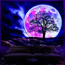 Blacklight Moon Tapestry Uv Reactive Galaxy Space Tapestry Trippy Mountain Tree  - $27.99