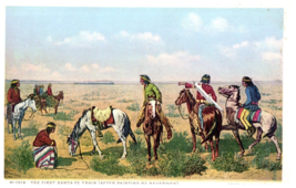 H-1916 Native Americans Watching the First Santa Fe Train Fred Harvey Postcard - £10.65 GBP