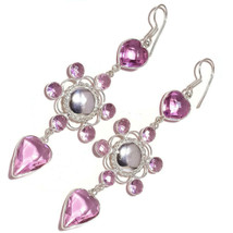 Pink Tourmaline Gemstone 925 Silver Overlay Handmade Drop Dangle Heart Earrings - £18.27 GBP