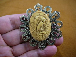 CM4-18) MADONNA Mary Jesus ivory color oval CAMEO brass Pin Pendant Christian - £27.77 GBP