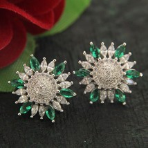 14k  White Gold Plated 3Ct  Marquise Simulated Emerald  Stud  Earrings Women - £64.25 GBP