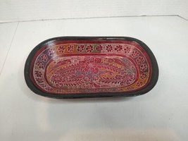 Hand Painted Lacquered Oval Serving Trinket Dish Bowl Red Black Floral - $28.04