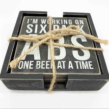 NEW Drink Coasters Wood Humorous Craft Beer Abs Workout Black Set of 4 - £13.91 GBP