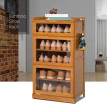 19&quot;Brown Bamboo [Top Storage Shelf] 5-Tier Drop Down Acrylic Doors Shoes... - £81.69 GBP