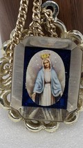 Vintage blue enamel Lucite cameo pendant medal Miraculous Virgin Mary necklace - £23.42 GBP