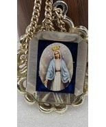 Vintage blue enamel Lucite cameo pendant medal Miraculous Virgin Mary ne... - £23.21 GBP