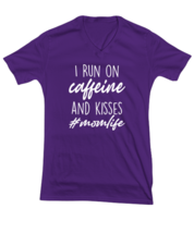 Mom TShirt I Run On Caffeine and Kisses Purple-V-Tee  - £17.64 GBP