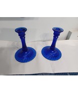 Pair 7&quot; Vtg Don Fenton Cobalt Blue Glass Candle Sticks - £55.76 GBP