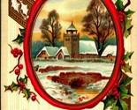 Holly Framed Cabin Scene Bright and Happy Christmas Embossed UNP DB Post... - $8.87