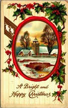 Holly Framed Cabin Scene Bright and Happy Christmas Embossed UNP DB Postcard E12 - £6.97 GBP