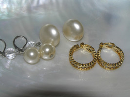 Estate Lot of 3 Faux White Pearl Button Clear Faceted Double Bead Dangle &amp; Clear - £9.70 GBP