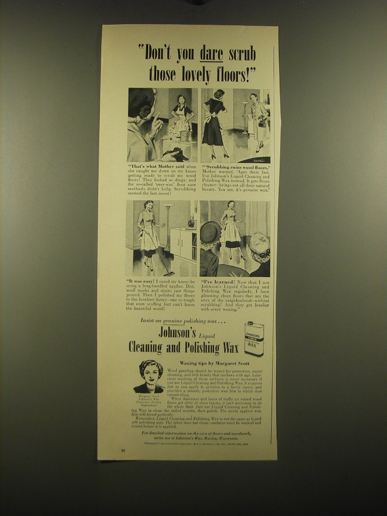 1951 Johnson's Liquid Cleaning and Polishing Wax Ad - Don't you dare scrub  - $18.49