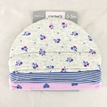 Carters Baby Girls Caps 3 Pack Floral Stripes Hearts Gray Pink Purple 0-3 Months - £3.90 GBP