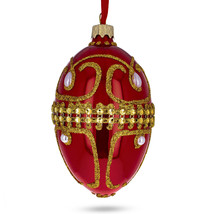 Jeweled White Beads on Glossy Red Glass Egg Ornament 4 Inches - £37.76 GBP