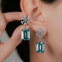 9Ct Lab Created Emerald Cut Aqua Blue Topaz Syn Diamond Earrings White Gold Fn - £179.90 GBP