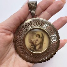 Large Vintage Copper Amulet Icon Pendant Hand Painted Angel &amp; Baby Italy - £72.12 GBP