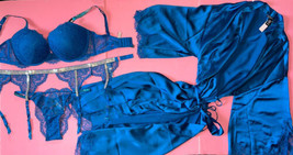 Victoria&#39;s Secret 32B Bra Set+Garter+S Panty+Robe Gown Neon Blue Shine Strap - £206.16 GBP