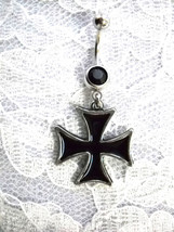 Pewter Iron Cross Pendant With Black Inlay On 14g Black Cz Belly Ring Barbell - £9.38 GBP