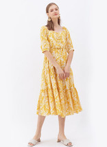 Women&#39;s Sweetheart Neck Palm Leaf Print Tiered Maxi Dress in Mustard AUS... - $43.99