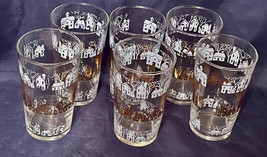 Libbey Drinking Glasses (6) w Gold 8 OZ 4-5/8&quot; Etched Houses Vintage - £22.72 GBP