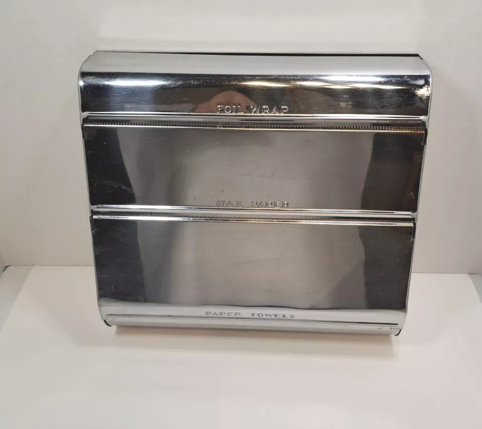 Vintage Chrome Metal Kitchen Wrap Dispenser Foil Wax Paper Towels- Garne... - $60.99