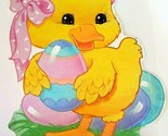 VTG Die Cut Flocked Easter Decoration Eureka USA Chick Huge Egg Pink Ribbon - £12.05 GBP