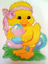 VTG Die Cut Flocked Easter Decoration Eureka USA Chick Huge Egg Pink Ribbon - £11.87 GBP