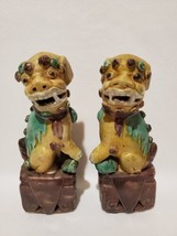 Vintage Pair Polychrome Ceramic Pottery Foo Fu Lion Dog Figurines - £98.55 GBP
