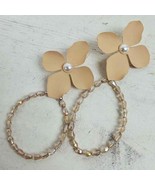 Vintage Estate Metal Flower Push Hoop STATEMENT Beaded Earrings 3&quot; Drop - $9.55