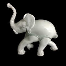 Vintage White Glass Elephant Figurine With Flaw  8.5&quot; Trunk Up Made In France - $22.89