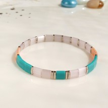 Frost pale rose blue tila flat beaded bracelet,woman beads stacking tile bracele - £16.74 GBP