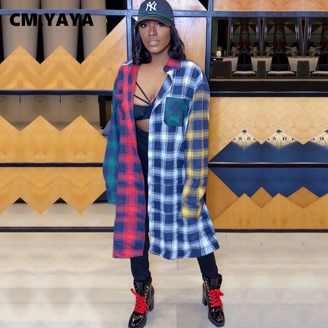 CM.YAYA  Autumn Winter Plaid work Button Up Long Sleeve Long Trench Tops... - £115.54 GBP