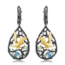 Natural Swiss Blue Topaz Gemstones Earrings 925 Sterling Silver Handmade Bird Tr - £59.34 GBP