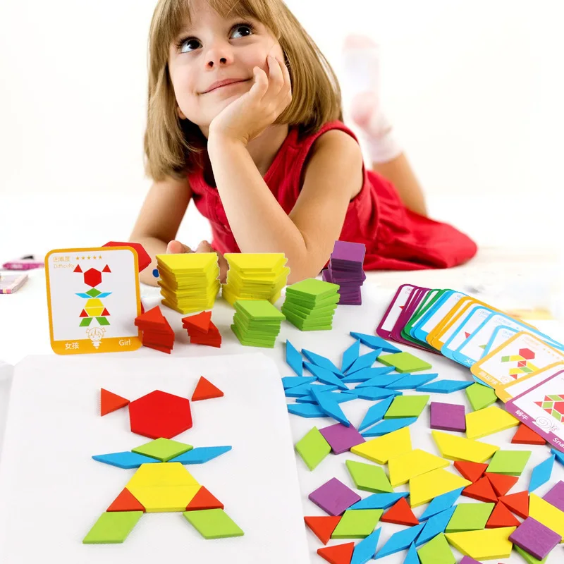 Play 155 Pcs Wooden Pattern Blocks Set Geometric Shape Puzzle Kindergarten ClAic - £28.71 GBP