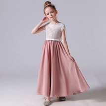 Pink Long Lace Junior Bridesmaid Dress Short Sleeves Flower Girl Dresses Chiffon - £126.67 GBP
