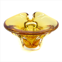 Vintage Yellow Amber Art Glass Folded Edge Footed Candy Dish Bowl Thick ... - £31.51 GBP