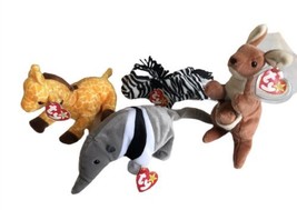 Ty Beanie Babies Set Of 4 (Kangaroo, Zebra, Giraffe, &amp; Ant Eater) - £11.19 GBP