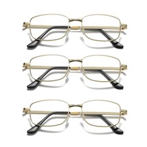 3 Pair Mens Square Metal Frame Golden Reading Glasses Classic Readers Ey... - $9.99