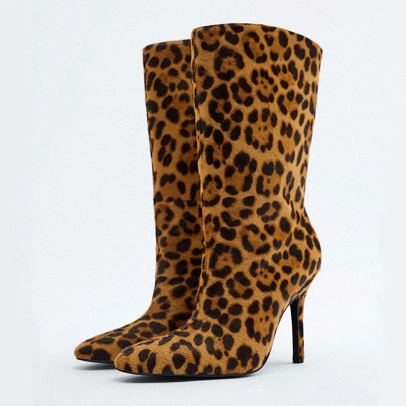  Stripe  Pattern Smooth Short Plush Stiletto Mid-Calf Boots Winter Pointed Toe   - £168.12 GBP