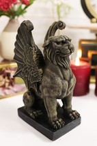 Ebros Lion Gargoyle with Griffin Wings Crouching On Pedestal Statue 6.5&quot; Tall... - £21.70 GBP