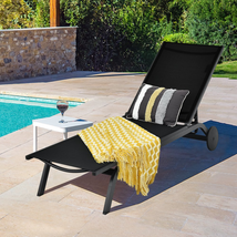 Patio Chaise Lounge Chair Aluminum Adjustable Recliner W/ Wheels Black - £155.68 GBP