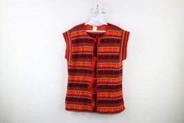 Vintage 70s Streetwear Womens Medium Rainbow Fair Isle Knit Tie Sweater Vest USA - £63.08 GBP