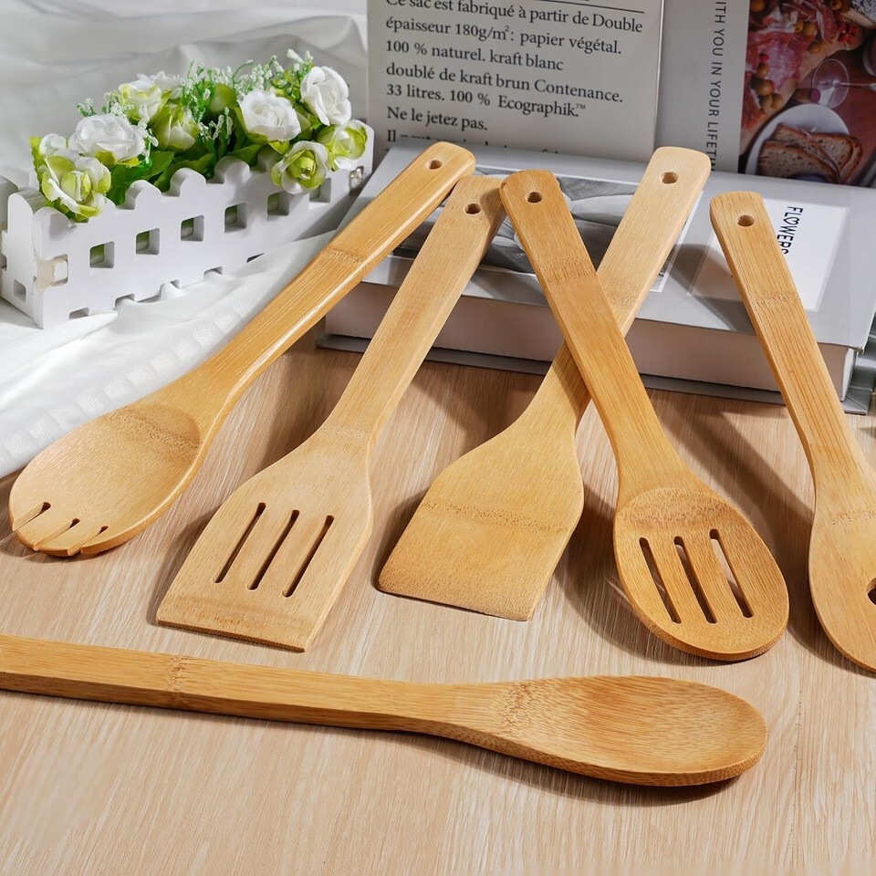 IOOLEEM Bamboo Wooden Spoons for Cooking 6 Pcs 12Inch,Non-Stick Wooden K... - $15.84