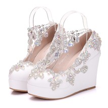 Crystal Queen Rhinestone Bride Wedding Shoes Woman Ankle Strap Shoes High Heels  - £77.83 GBP