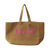 Large Straw Tote Bag Embroidered Beach in Pink Lined - $29.99